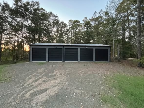 Storage building front at dusk